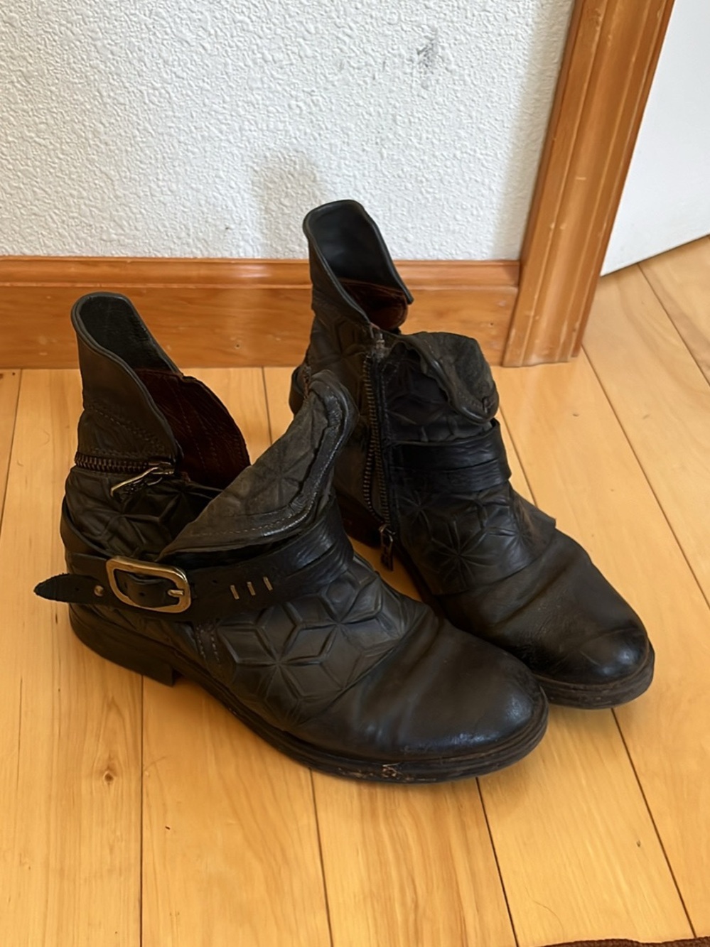 A.S.98 Black Quilted Leather Ankle Booties with Buckle Strap